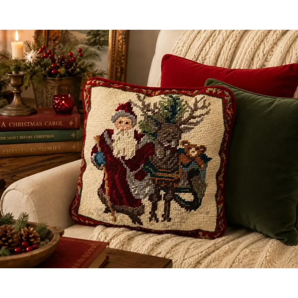 Vintage Christmas Accent Needlepoint Santa & Reindeer Pillow Red Velvet 9x9